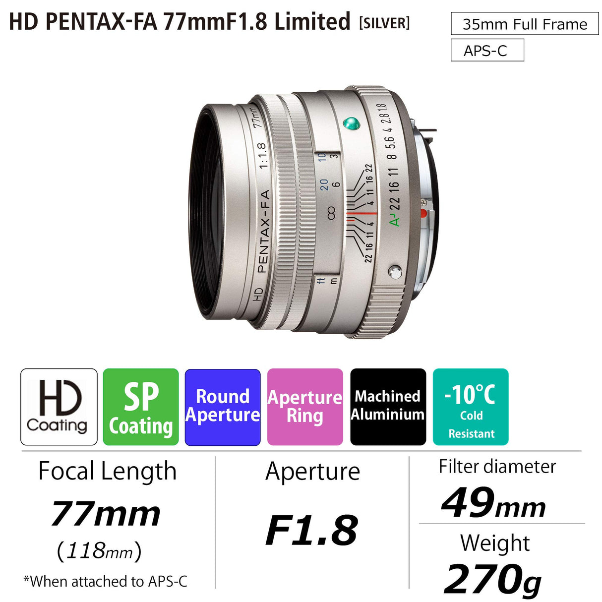 HD PENTAX-FA 77mmF1.8 Limited Silver Limited Medium teleobjetivo Prime, Revestimiento HD de Alto Rendimiento, Recubrimiento SP, diafragma Redondo, Cuerpo de Aluminio mecanizado