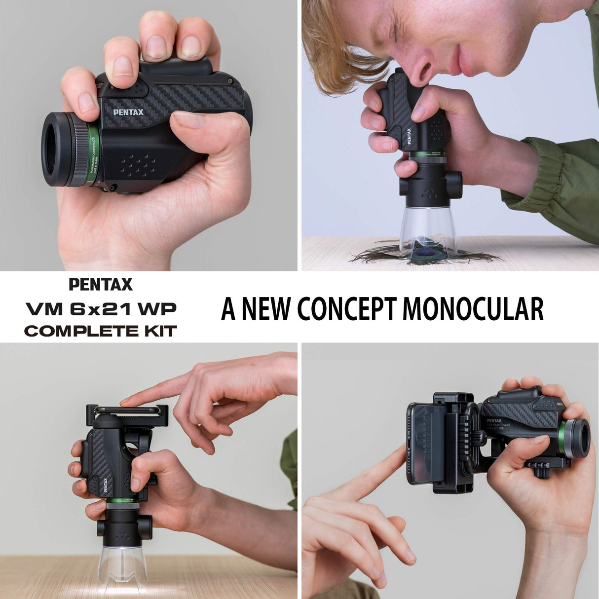 Pentax 63621 Monocular VM 6x21 WP - Kit Completo Incluye un Adaptador para Smartphone y Soporte Macro Junto con un monocular de Aumento Brillante y Claro 6X con excelente Rendimiento óptico. Black