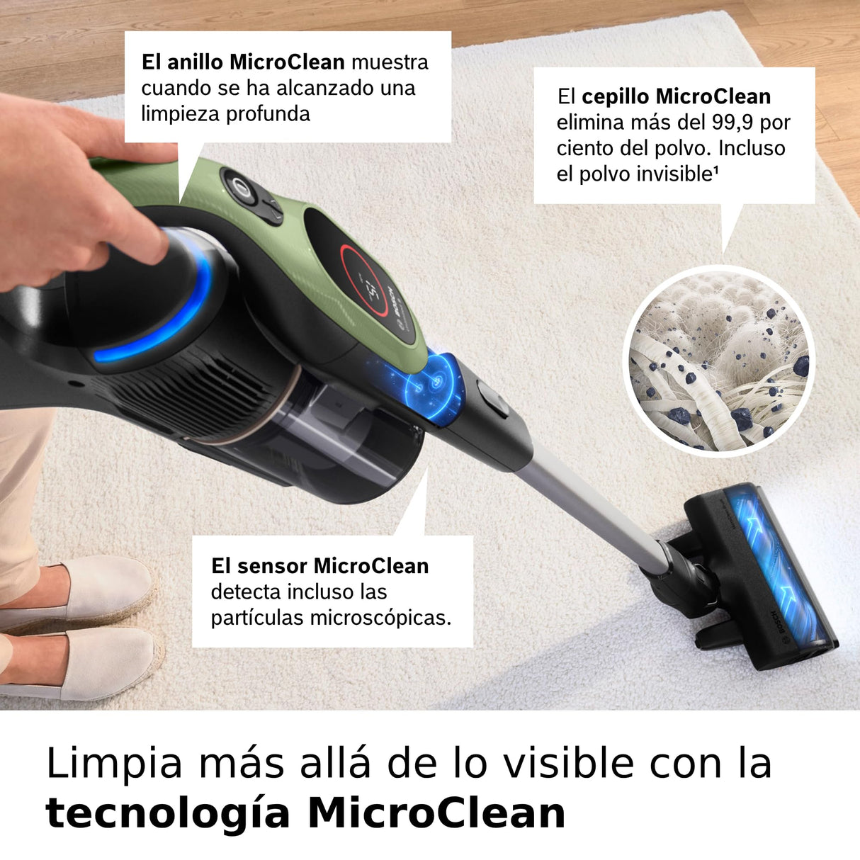 Bosch, Aspirador sin Cable Unlimited 9, batería de 3,0 Ah, tecnología MicroClean, depósito de Polvo de fácil Vaciado, Luces LED, Verde, BBS921TBA