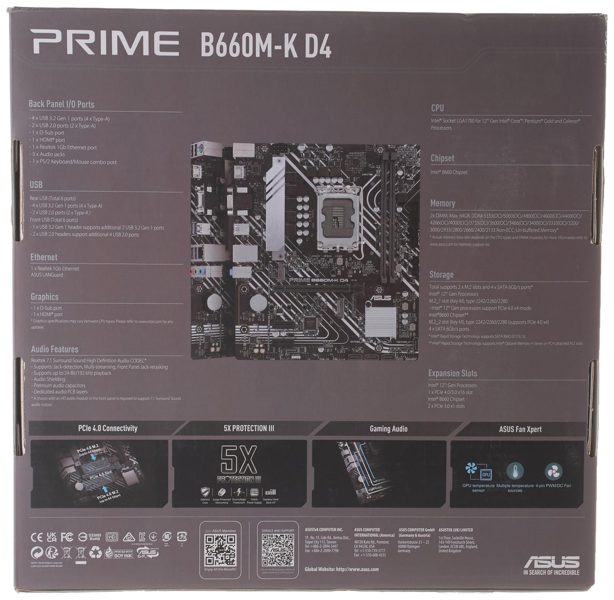 Asus Prime B660M-K D4 - Placa Base Intel B660 (LGA 1700) mATX con PCIe 4.0, Dos Ranuras M.2, DDR4, HDMI®, D-Sub, Realtek 1Gb Ethernet, USB Frontal 3.2 Gen 1, Control de iluminación ASUS - Negro