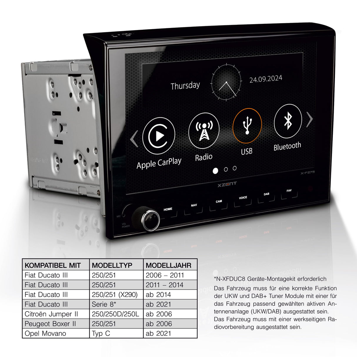 XZENT X-F275 Monitor Infoentretenimiento para Fiat Ducato III; Citroën Jumper II; Peugeot Boxer II