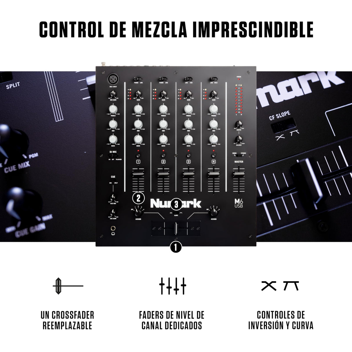 Numark M6 USB Mesa de Mezclas DJ de 4 Canales, Interfaz de Audio Integrada, EQ de 3 Bandas, Entrada Micro y Crossfader Reemplazable con Control de Curva