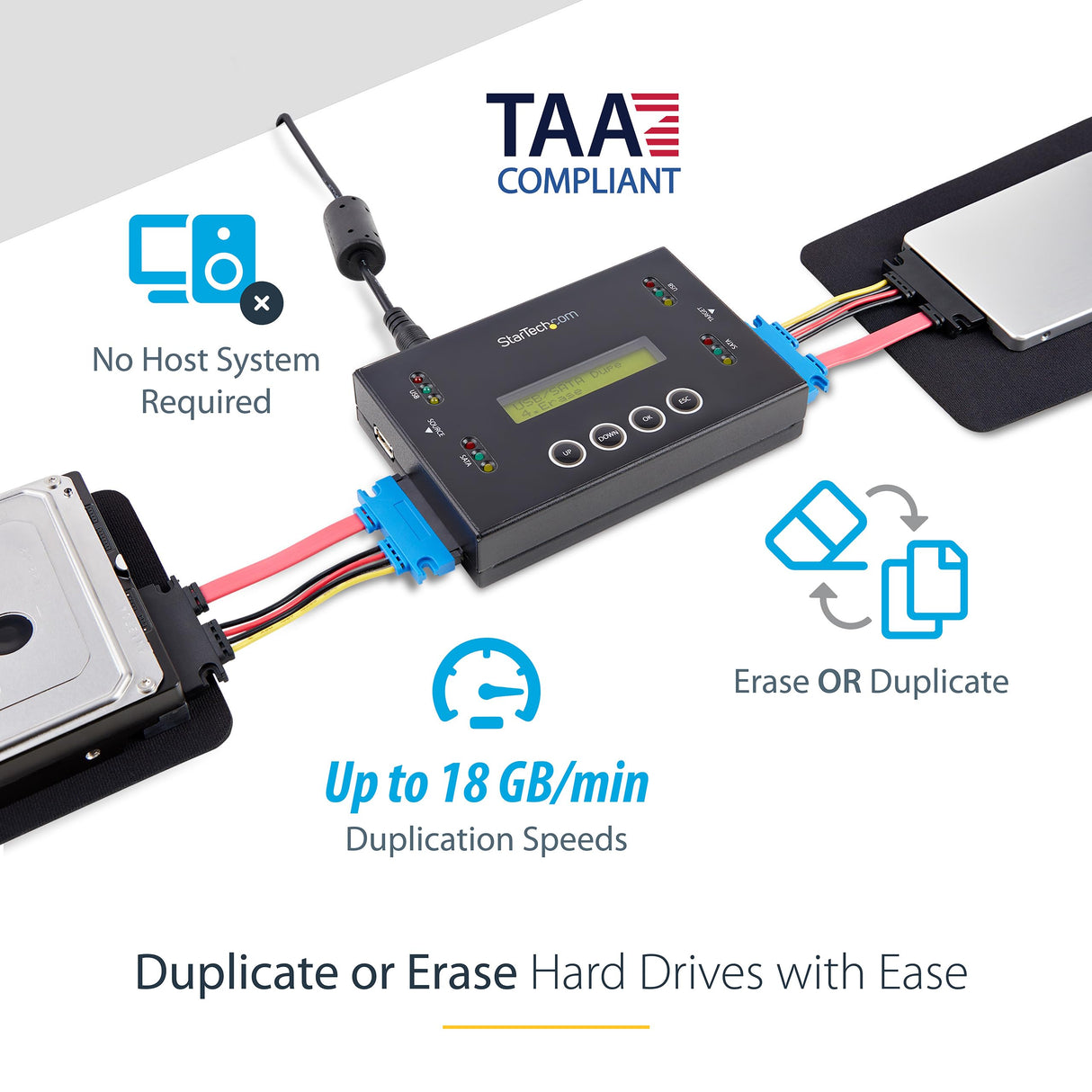 StarTech.com Clonador y Borrador Independiente 1:1 para Memorias USB y Unidades de Disco Duro y SSD SATA, con Pantalla LCD - TAA, Independiente del Sistema Operativo, SU2DUPERA11