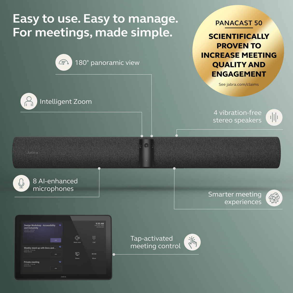 Jabra PanaCast 50 VBS - Salas preseleccionadas de Microsoft Teams - Android, visión panorámica 4K de 180°, Zoom Inteligente, Funciones de reunión, 4 potentes Altavoces, micrófonos con Panel táctil