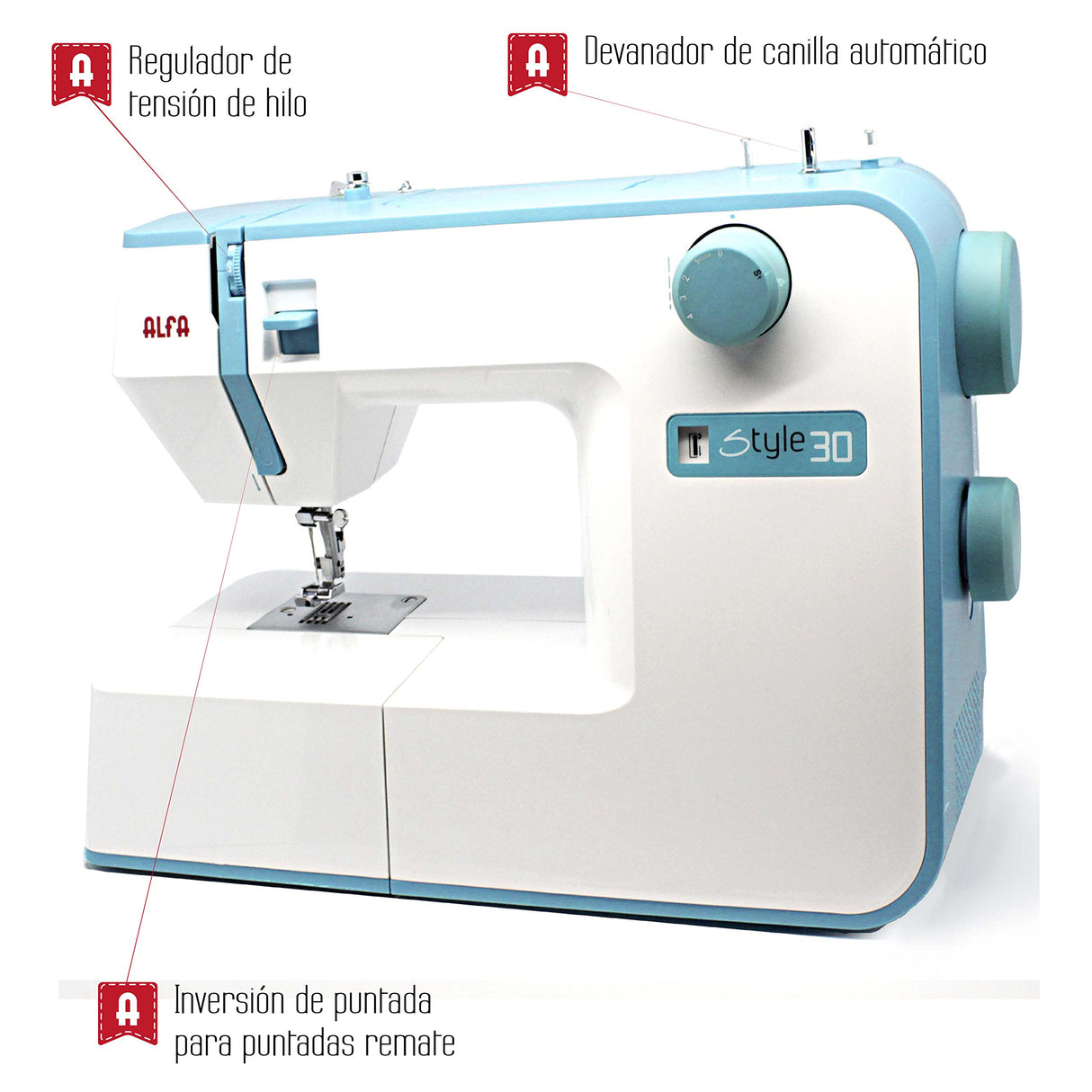 ALFA - Máquina de Coser, Style 30, Azul Cielo, 19 Puntadas, 30 x 19 x 41 Cm, Accesorios Incluidos