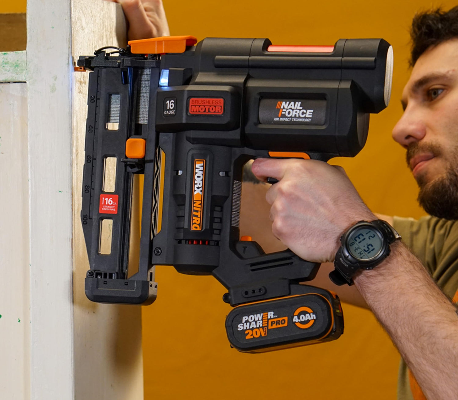 WORX WX841.9 Nitro 20V Clavadora sin cable de calibre 16 | clavadora inalámbrica| pistola de clavos alimentada por batería con liberación de atascos sin herramientas| PowerShare - Solo herramienta