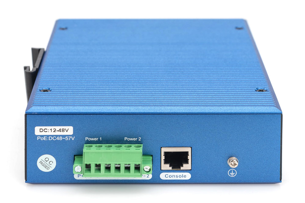 DIGITUS Conmutador de Red PoE - 12 Puertos Gigabit Ethernet - 8X RJ45 + 4X SFP+ 10 Gigabit - IP40 - L3 gestionado, VLAN - 10/100/1000 Mbit/s - Montaje en Carril DIN - Serie Industrial - Negro/Azul