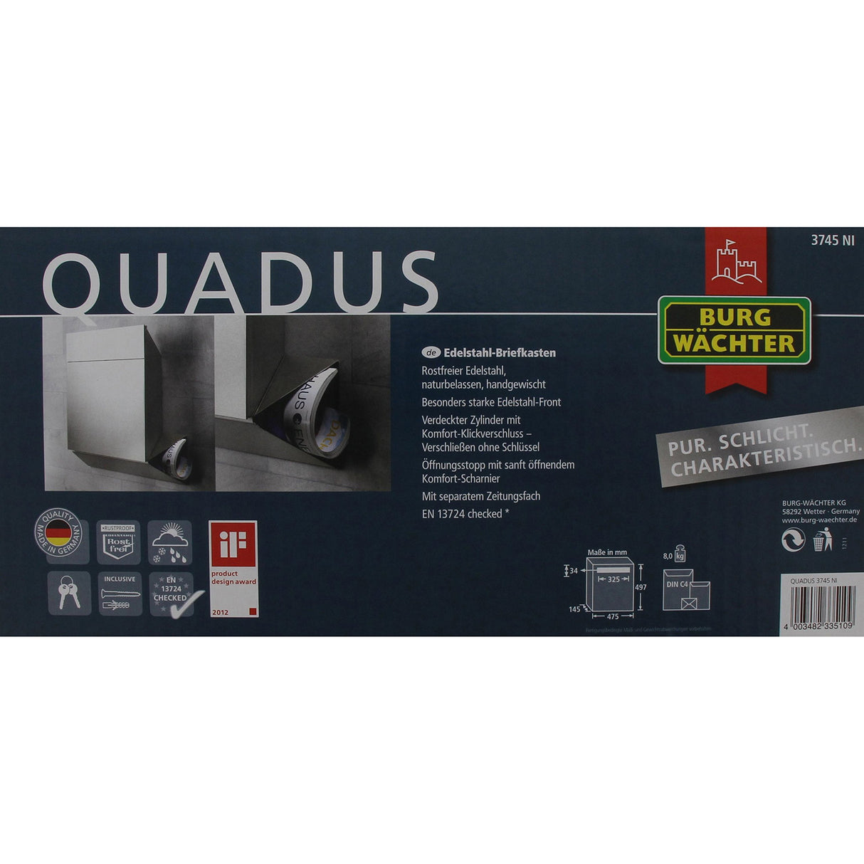 BURG-WÄCHTER Quadus 3745 NI Buzón de Acero Inoxidable con tope de apertura Gris