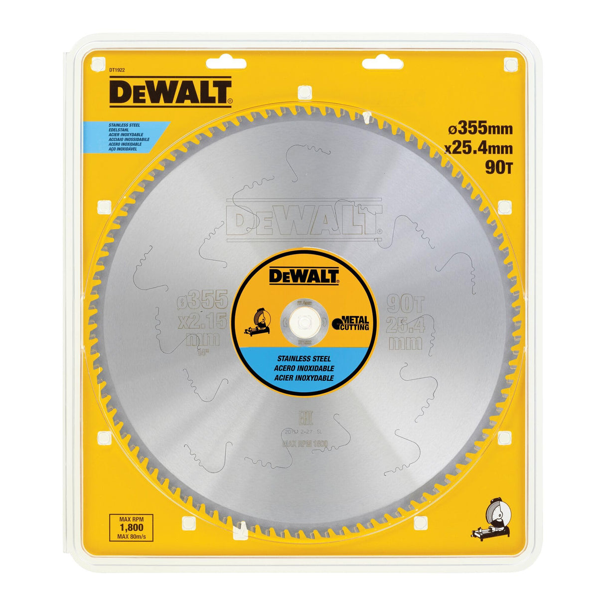 DeWalt DT1922-QZ - Hoja para sierra circular estacionaria, 355 x 25,4 mm, 90D para acero inoxidable MMJ +10º