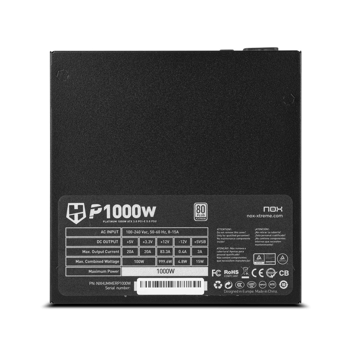 NOX XTREME PRODUCTS Hummer P 1000W 80 Plus Platinum - Fuente de Alimentación 1000W, ATX, EPS, S-ATA, 3.0 12V, Ventilador ultrasilencioso de 140mm, condensadores electrolíticos TEAPO, Color Negro