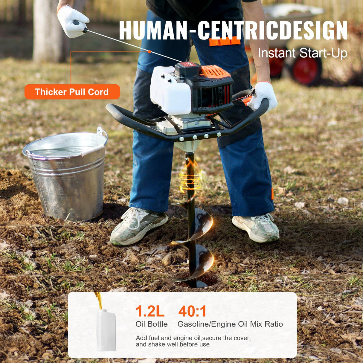 VEVOR 1450 W Perforadora de Postes a Gasolina de 52 cc Excavadora de Postes a Gas con Brocas de 150 y 250 mm y 3 Varillas de Extensión para Postes de Cercas Y Plantas de Jardín, Naranja y Negro