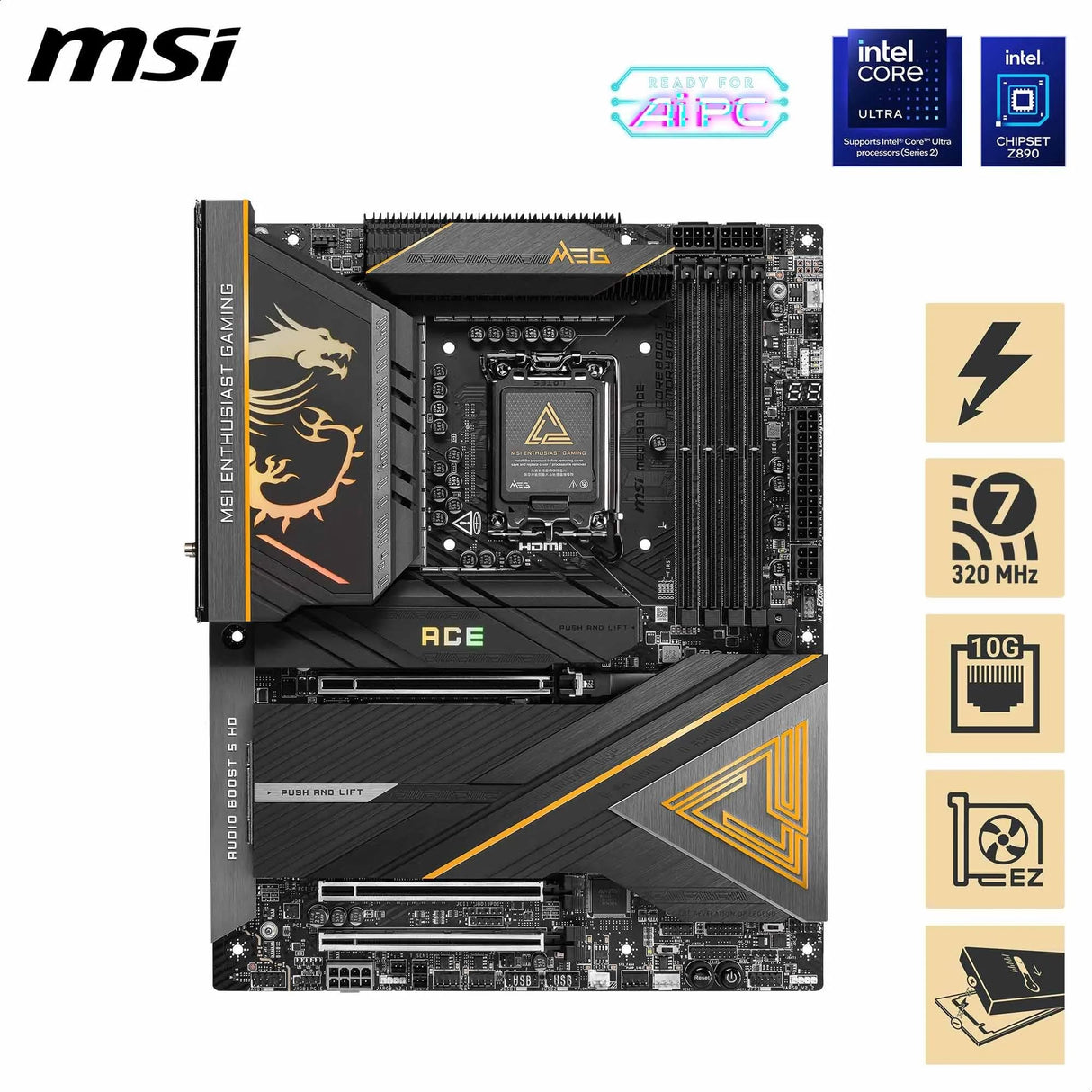 MSI Meg Z890 Ace, ATX - Placa Base Soporta Procesadores Intel Core Ultra (Serie 2), LGA 1851-110A SPS VRM, Memoria DDR5 (9200+MT/s OC), PCIe 5.0 & 4.0 x16, M.2 Gen5, Thunderbolt 4, Wi-Fi 7, 10G LAN