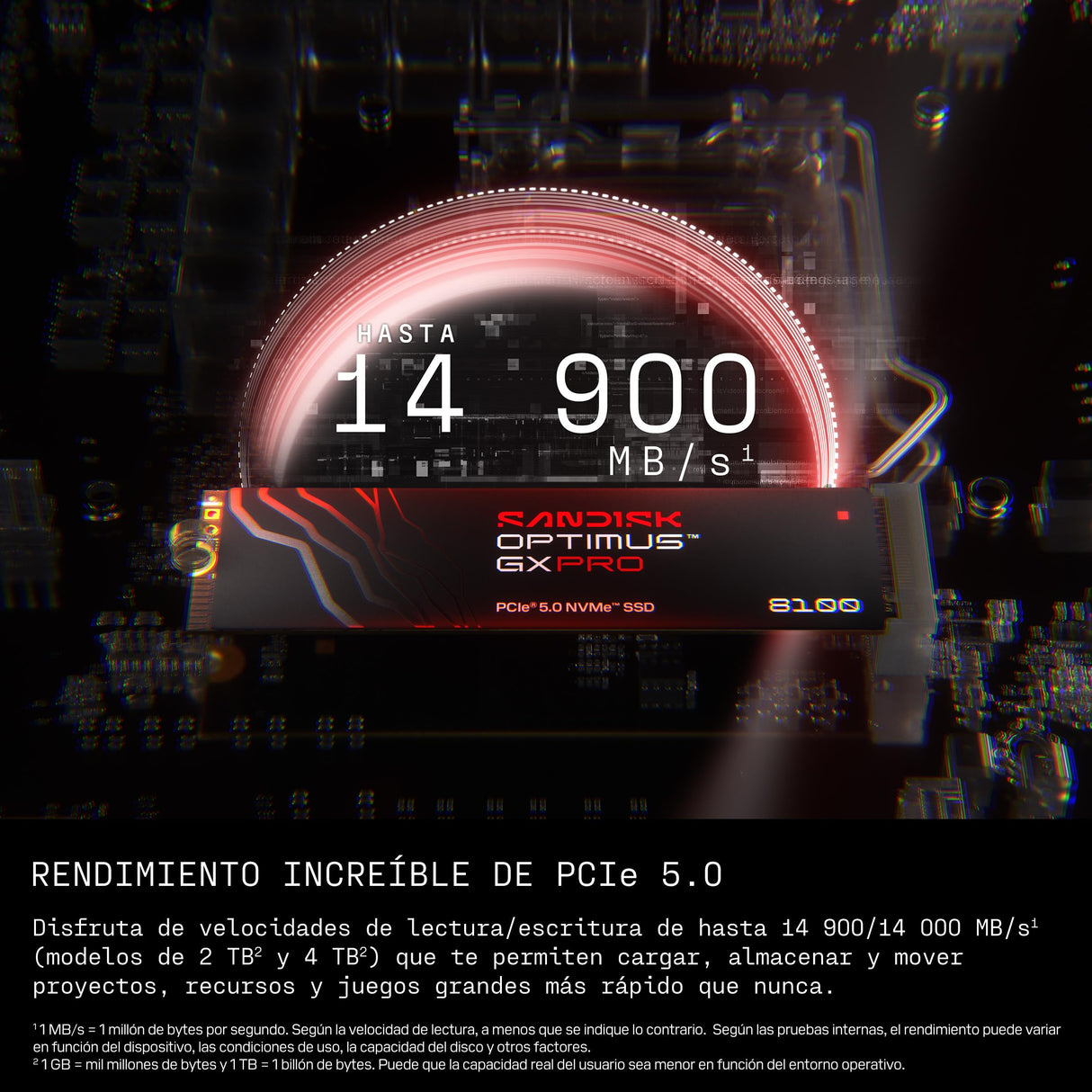 SANDISK Optimus GX Pro 8100 PCIe Gen 5 NVMe SSD 8 TB (velocidades de Lectura/Escritura secuenciales de hasta 14 900/13 200 MB/s, TLC 3D CBA NAND, hasta 4 800 TBW)
