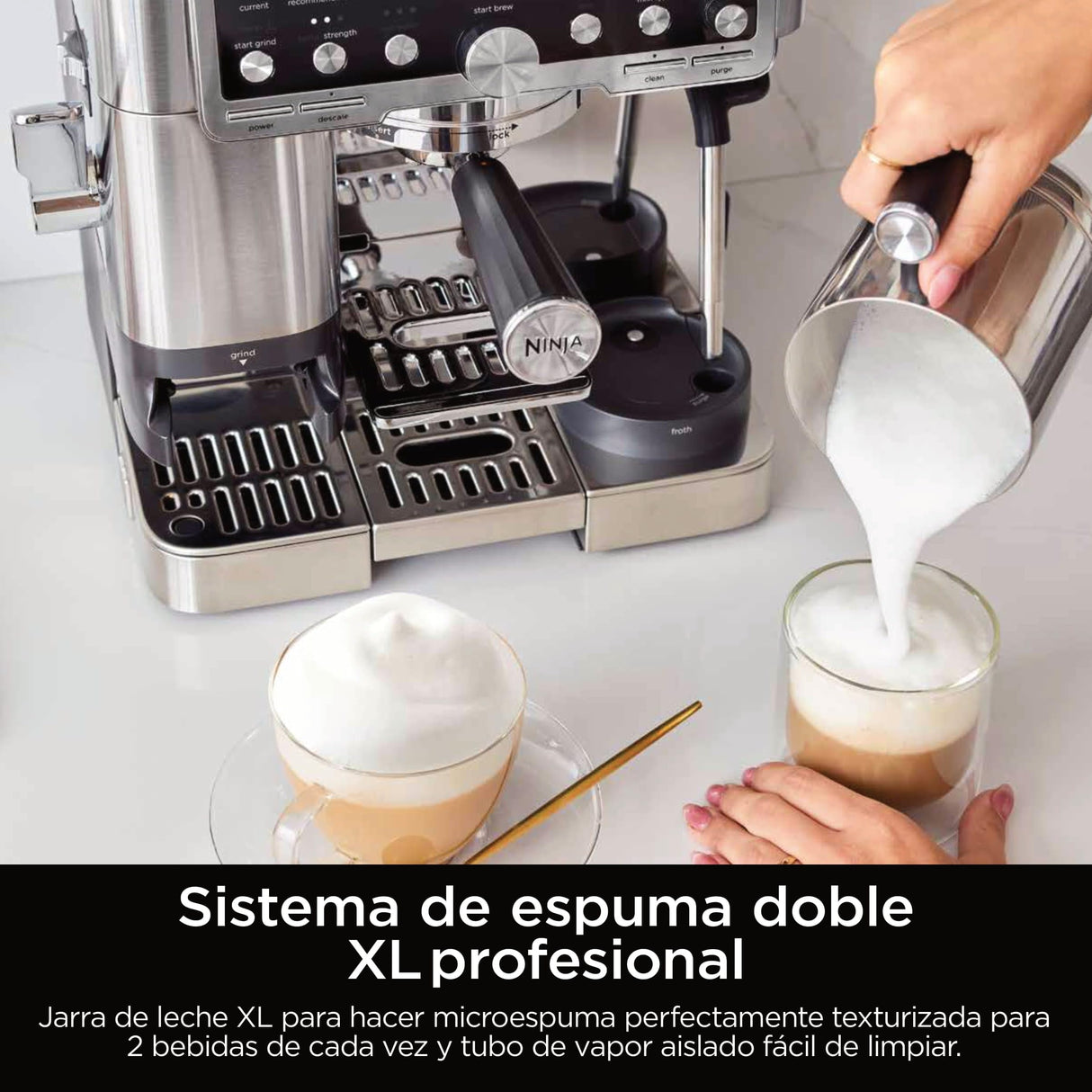 Ninja Luxe Pro Cafetera 3 en 1 para latte, cappuccino, cold brew y espresso con molinillo y espumador de leche integrados, fácil de usar y 5 preajustes automáticos de espuma, plata, ES701EU