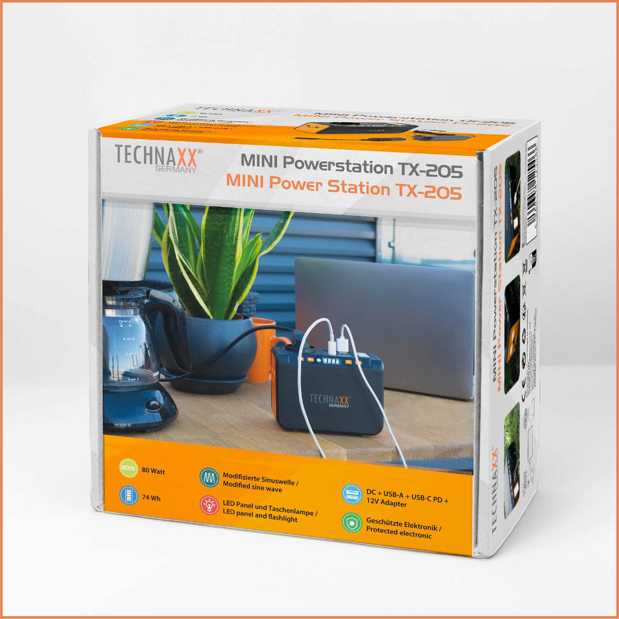 Mini estación de energía TX-205 de Technaxx - Power bank de 74 Wh 230 V con enchufe incorporado - Batería externa para portátil, teléfono móvil, mini nevera, etc., compatible con cargadores solares