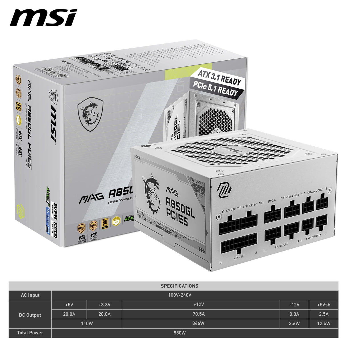 MSI Fuente de alimentación totalmente modular ATX de 850 W - MAG A850GL PCIE5 BLANCO - (Active PFC/80 PLUS Gold)