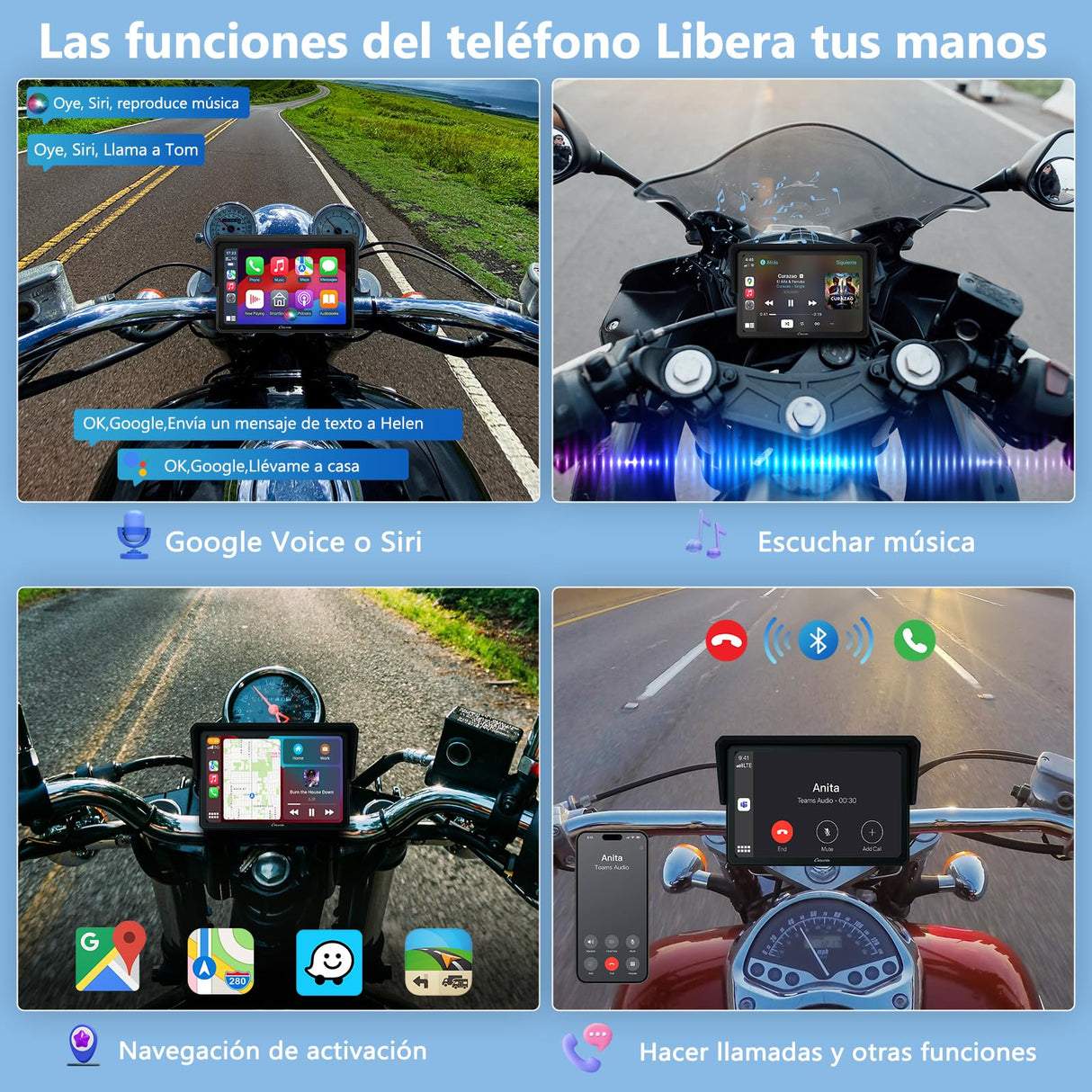 Pantalla Moto Carpuride W502, 5" IPS Táctil IP67 Impermeable, CarPlay & Android Auto Inalámbricos, GPS, Control por Voz Siri/Asistente Google, Dual Bluetooth, Soporte Ajustable Manillar