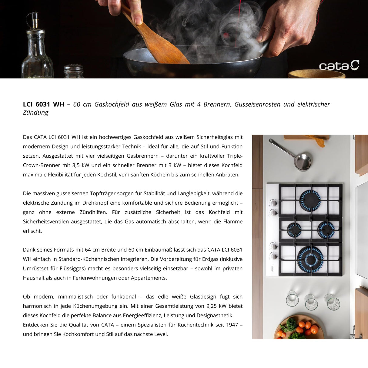 Cata S0428606 Placa de Gas Cata Lci6031Wh 60 cm, Blanco, 4 Fogones