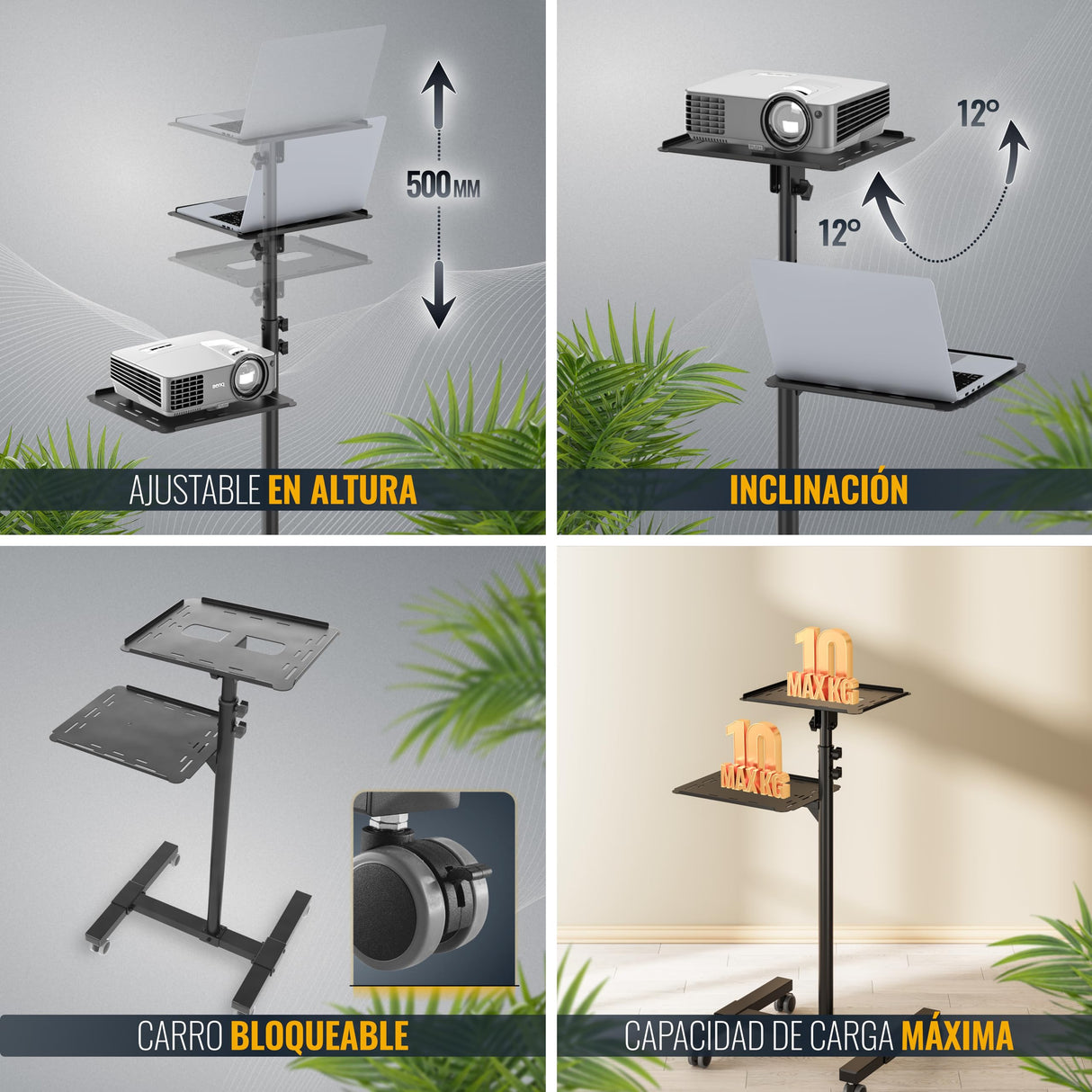 RICOO Soporte proyector Suelo Altura Regulable Elevador Ordenador portátil Universal CZ0800 Ruedas Bandeja Notebook Mesa para Laptop Negro