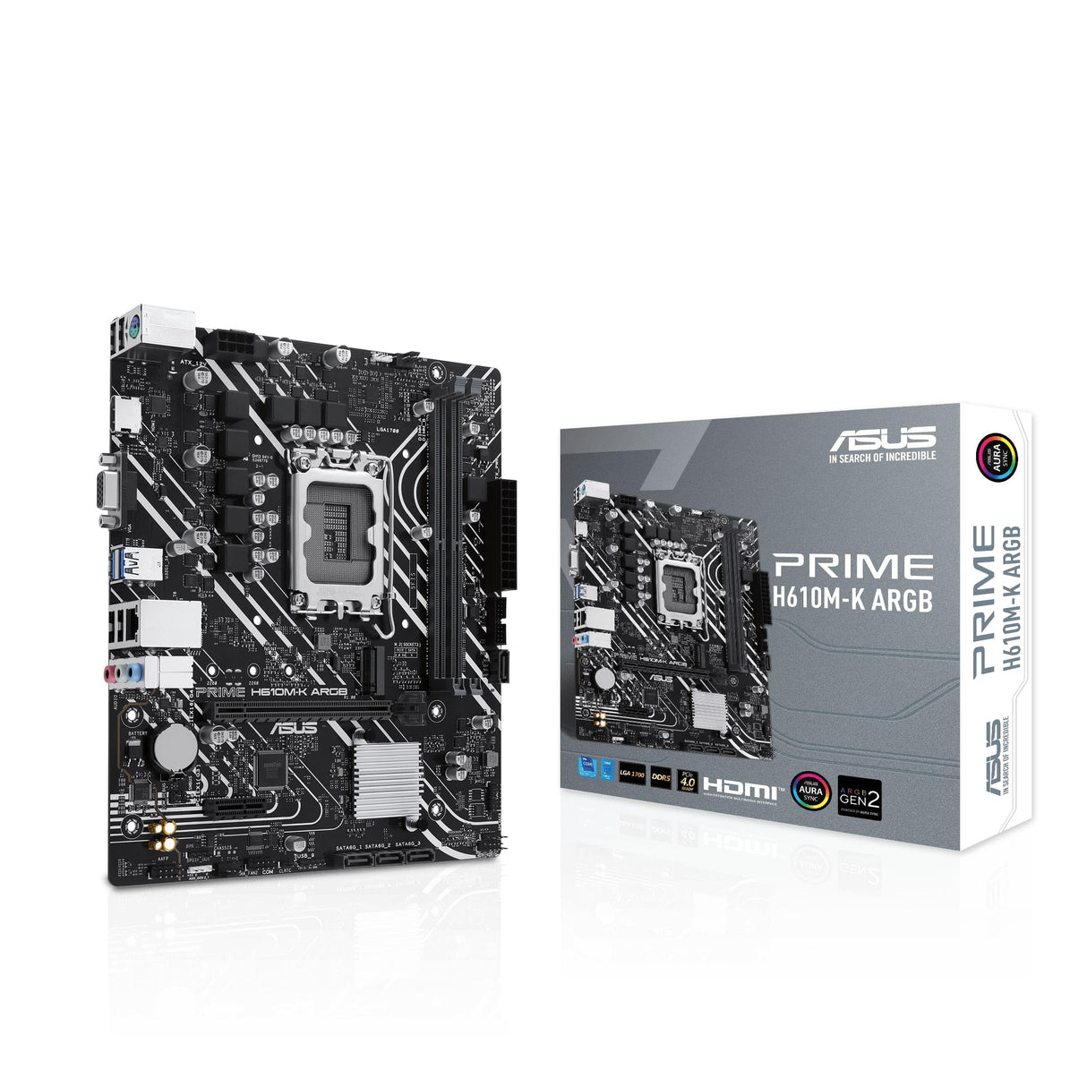 ASUS Prime H610M-K ARGB - Placa Base Micro-ATX Intel H610 LGA 1700 (DDR5, PCIe 4.0, M.2, Realtek 1 GB Ethernet, HDMITM/VGA, USB 3.2 Gen 1, SATA 6 Gbps, cabeceras direccionables Gen 2, Aura Sync)