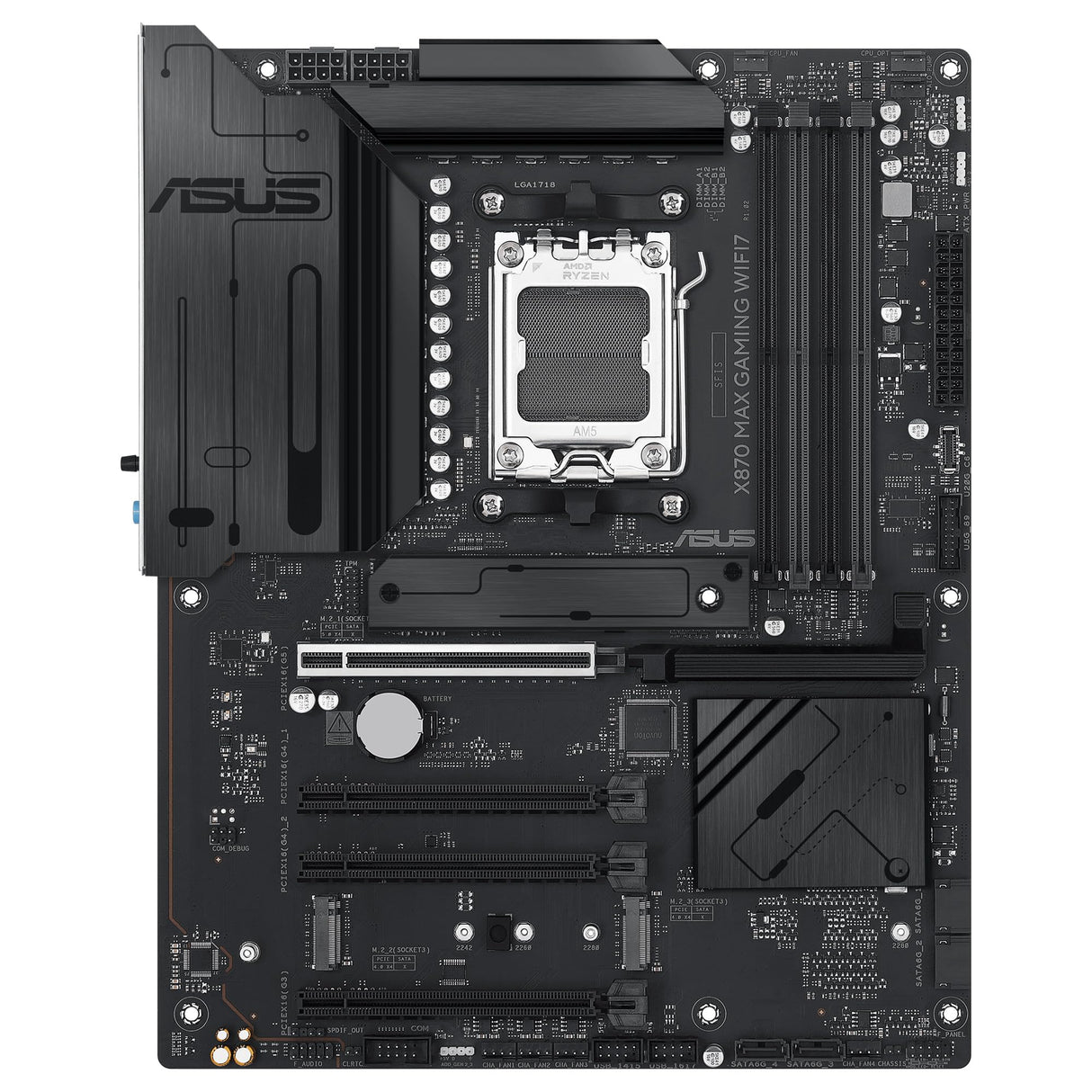 ASUS X870 MAX Gaming WIFI7 - Placa Base AMD X870 ATX, Negro, 12+2+1 DrMOS, DDR5, PCIe 5.0, Q-Release, M.2, WiFi 7, WiFi Q Antenna, 2.5Gb Ethernet, HDMI, USB4, USB Tipo-C, BIOS Flashback, Aura Sync