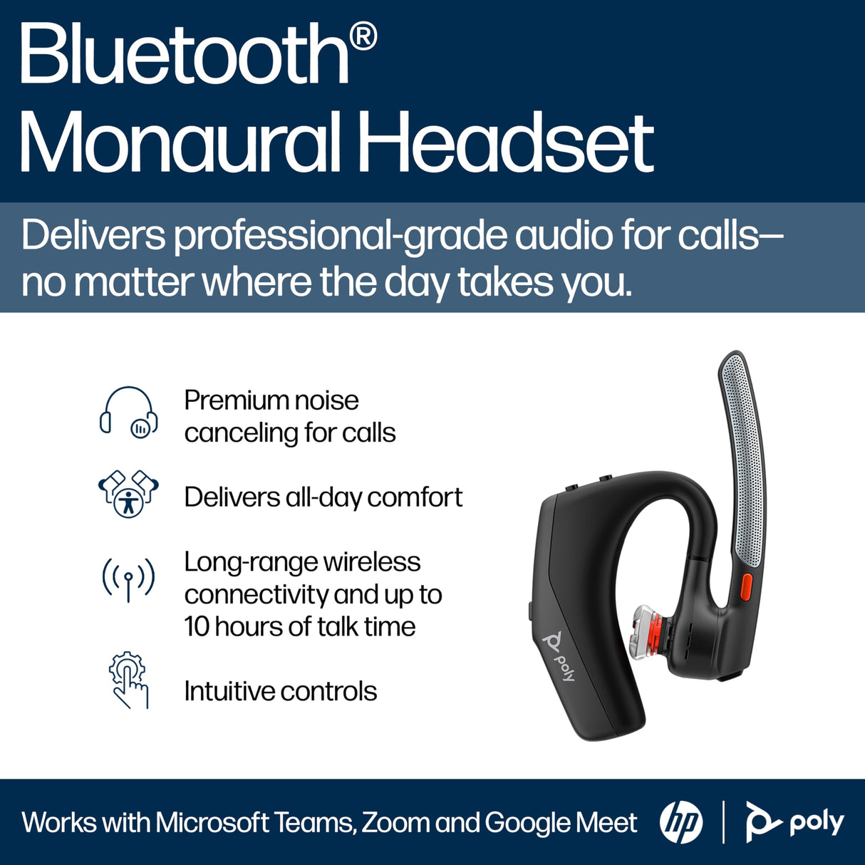 POLY Voyager Legend 50-M UC, Auricular Bluetooth con cancelación de Ruido por IA, diseño ergonómico, Control por Voz, autonomía 10 Horas, Caja de Carga, Negro
