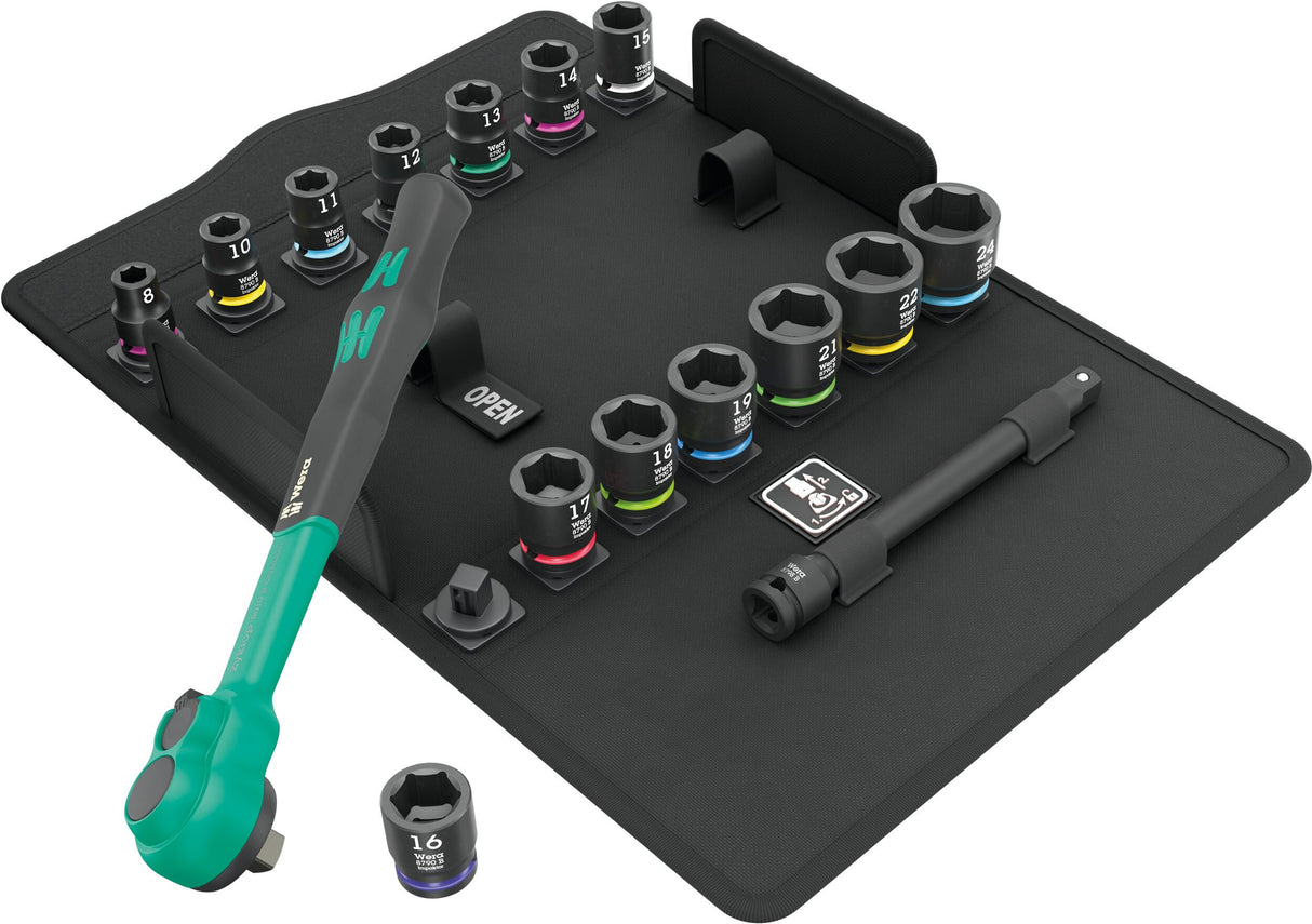Wera 05005530001 8100 SB 12 Juego de carraca Zyklop Comfort, palanca de conmutación, con arrastre de 3/8", métrico, 16 piezas