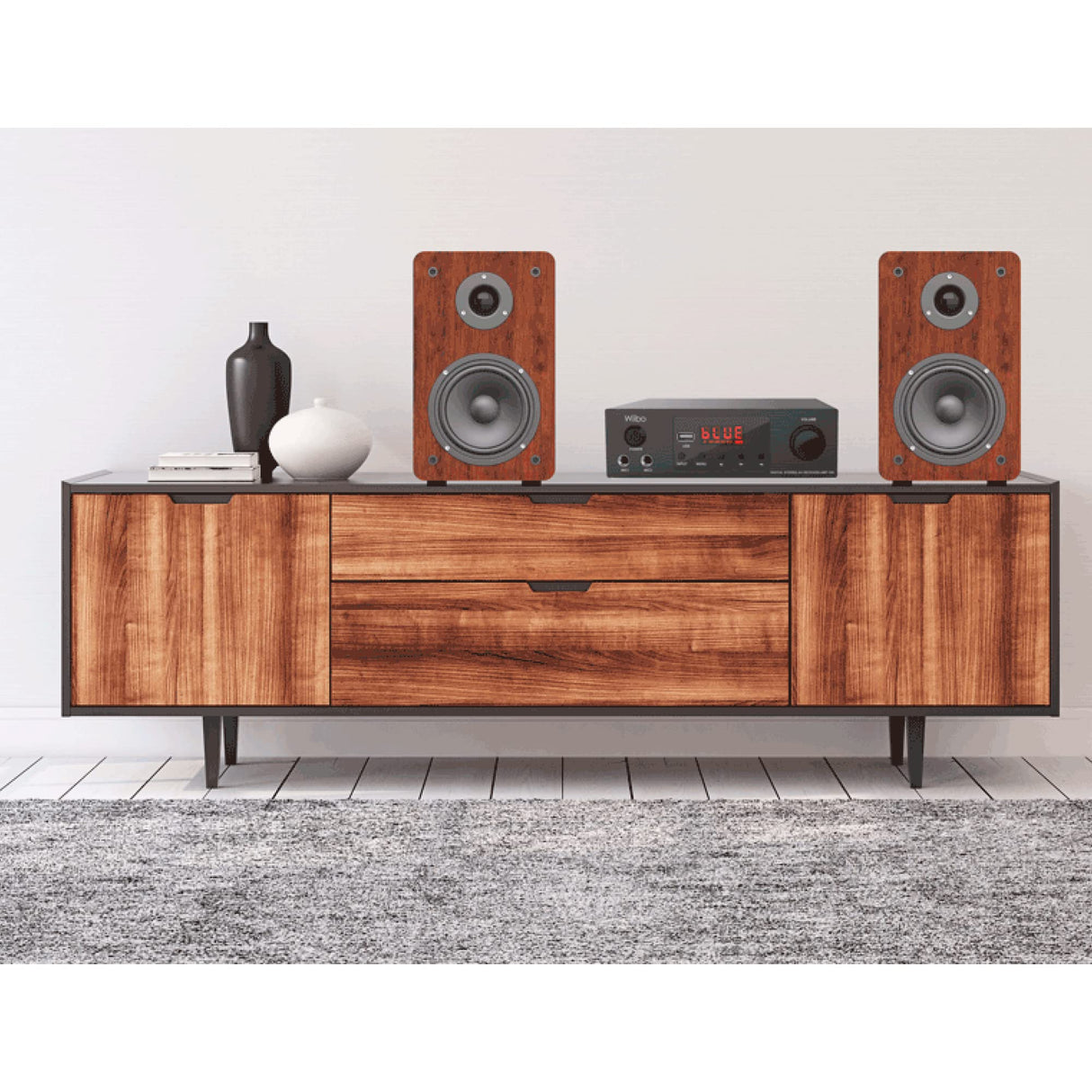 Wiibo AMP 100 - Amplificador HiFi - Conexión Bluetooth - Entrada USB - Respuesta Lineal - Potencia 50W + 50W - 2 Entradas de Micrófono - Pantalla LED - Mando a Distancia - Equipo de Sonido