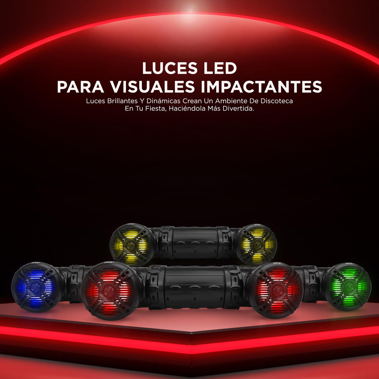 Pyle altavoces bluetooth, Impermeables, Luces LED multicolores, 6.5” y 800V, Estereo, Inalambricos, Para exteriores, Ideal para coches y barcos