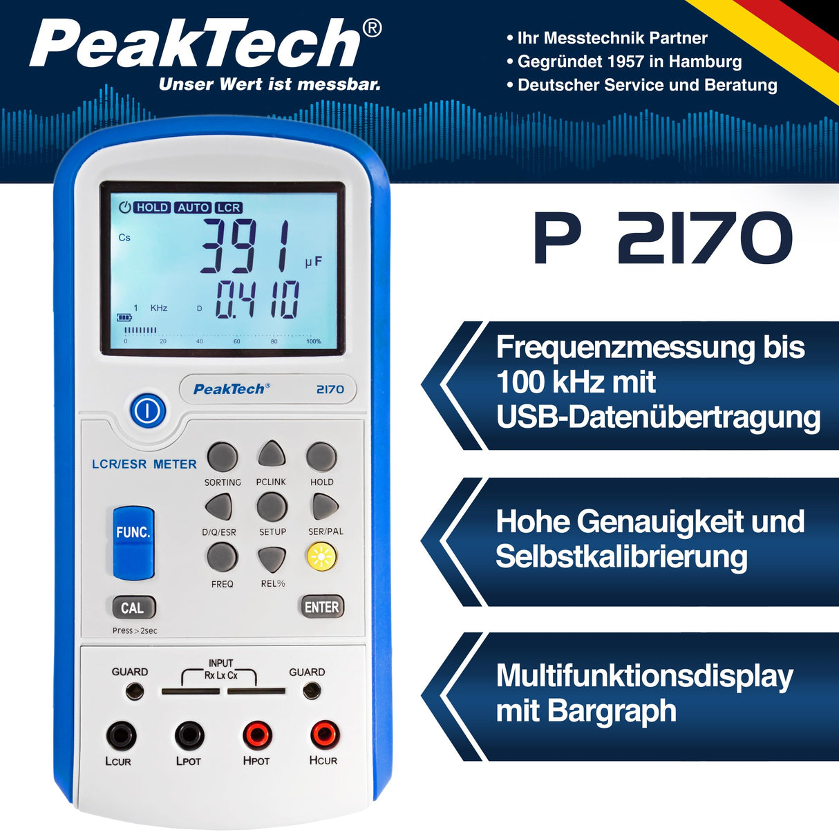 PeakTech 2170 - Medidor LCR, Dispositivo de Medición Esr con Usb, Incluido Software, Frecuencia 1/120 Hz, 1/10/100 Khz, Digital, Medición de Corriente, Pantalla LCD Iluminada, Gráfico de Barras