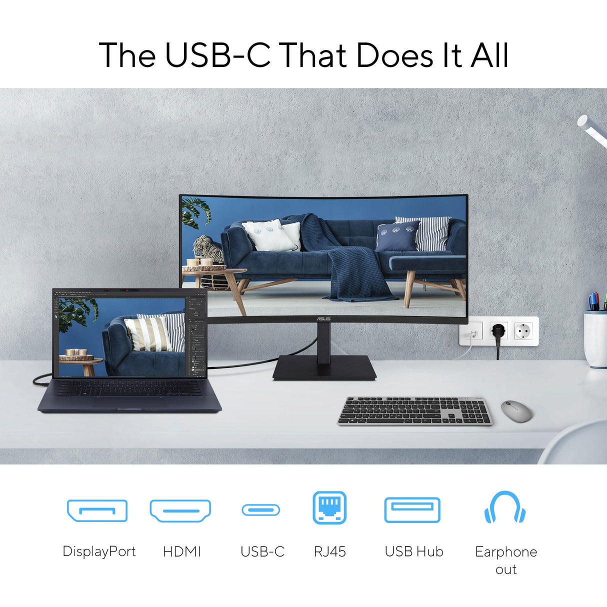 ASUS VA34VCPSR - Monitor Docking de 34", WQHD (3440x1440), Curvatura 1500R, Sin Marco, USB-C PD 96W, RJ45, USB Hub, Luz Azul Baja, Antiparpadeo, Diseño ergonómico, Montable en Pared, Sostenibilidad