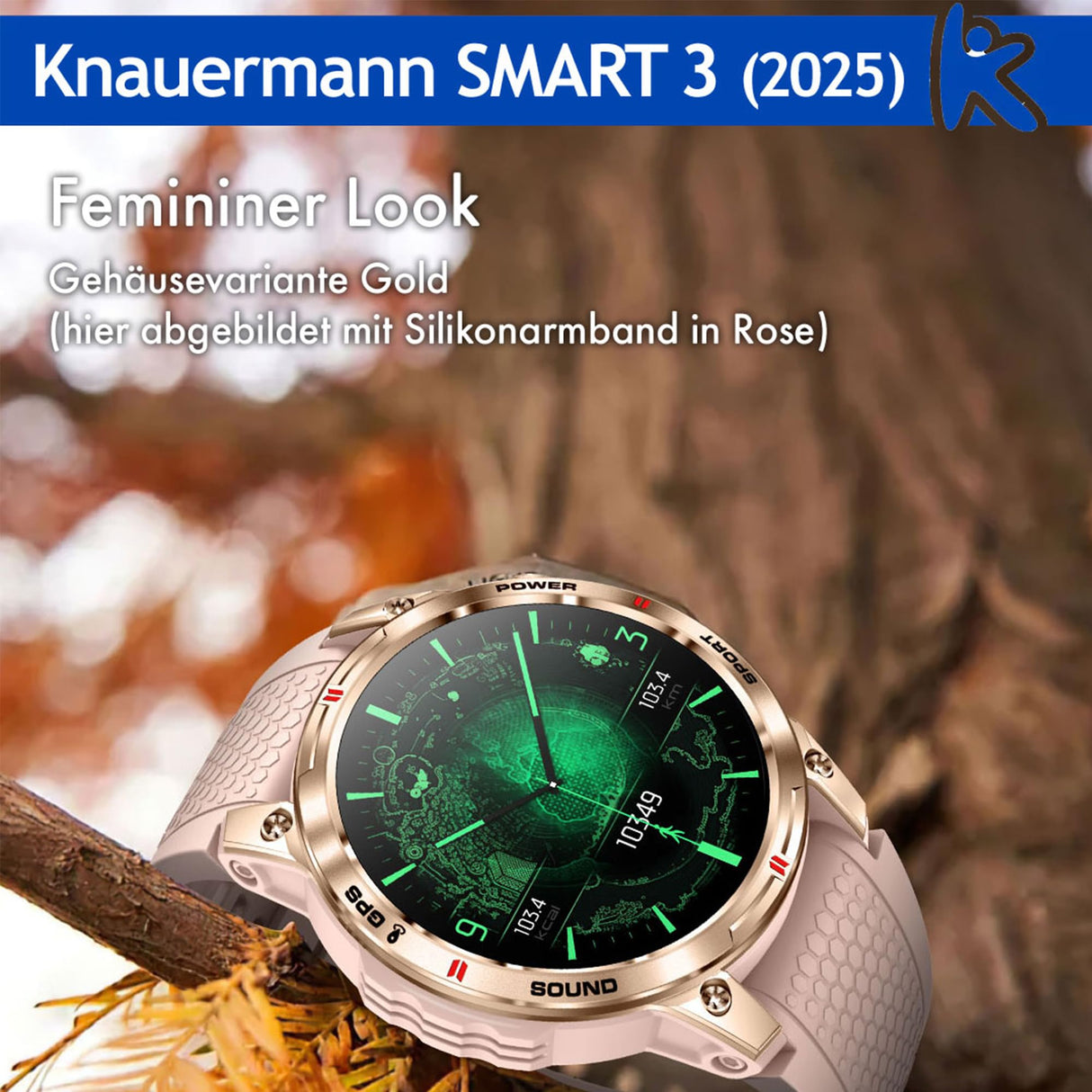 Knauermann Smart 3 (2025) - Reloj Inteligente con función telefónica y función SOS, Pantalla AMOLED BT Bluetooth, apnea del sueño, Correa de Silicona Rosa, 14-24