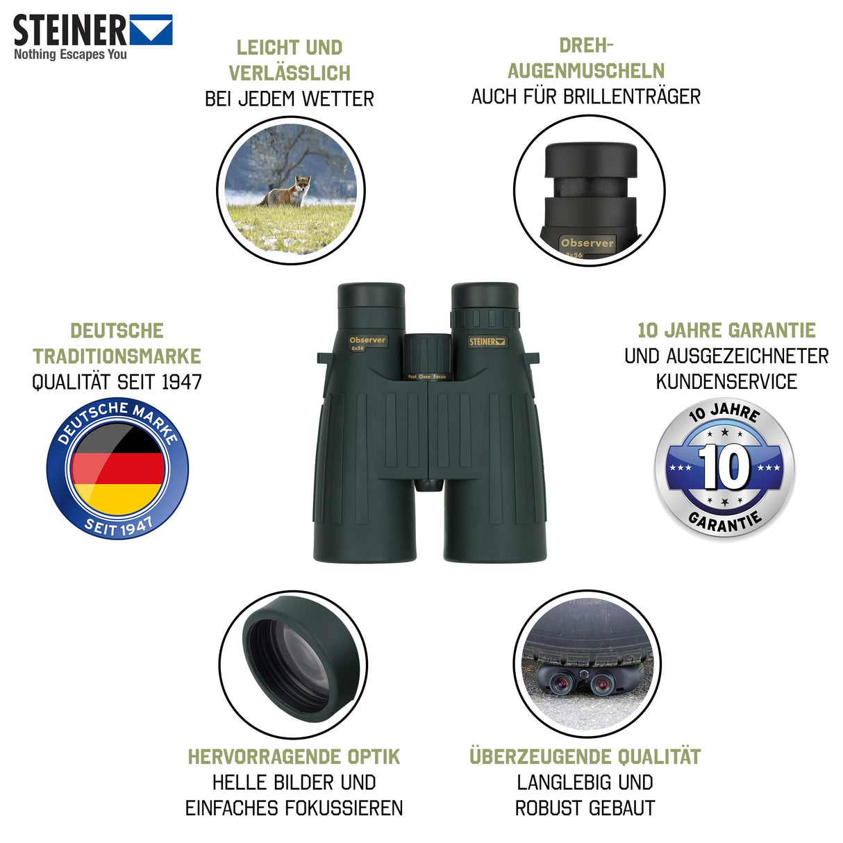 STEINER Prismáticos de Caza Observer 8x56 - óptica de Calidad Alemana, Relleno de nitrógeno, diseño de Borde de Techo liviano, imágenes Brillantes Incluso en Condiciones de Poca luz
