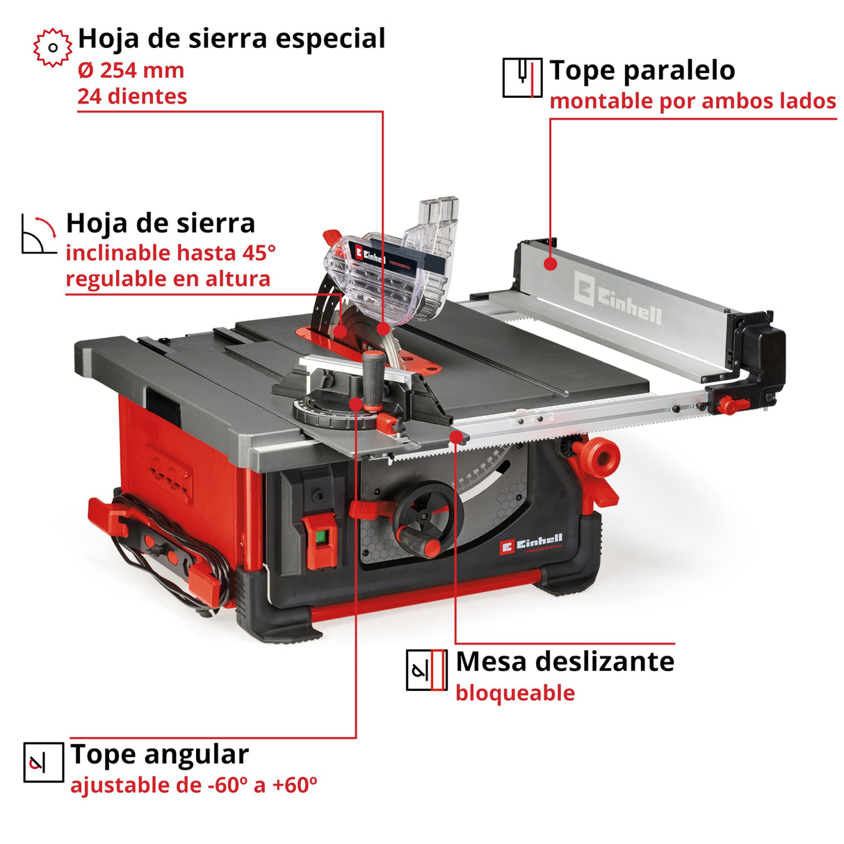 Einhell Professional Sierra circular de mesa con mesa deslizante TP-CC 10 T (2000 W, 85 mm de altura de corte, hoja de sierra Ø 254 mm, tope paralelo de montaje flexible, tope angular)