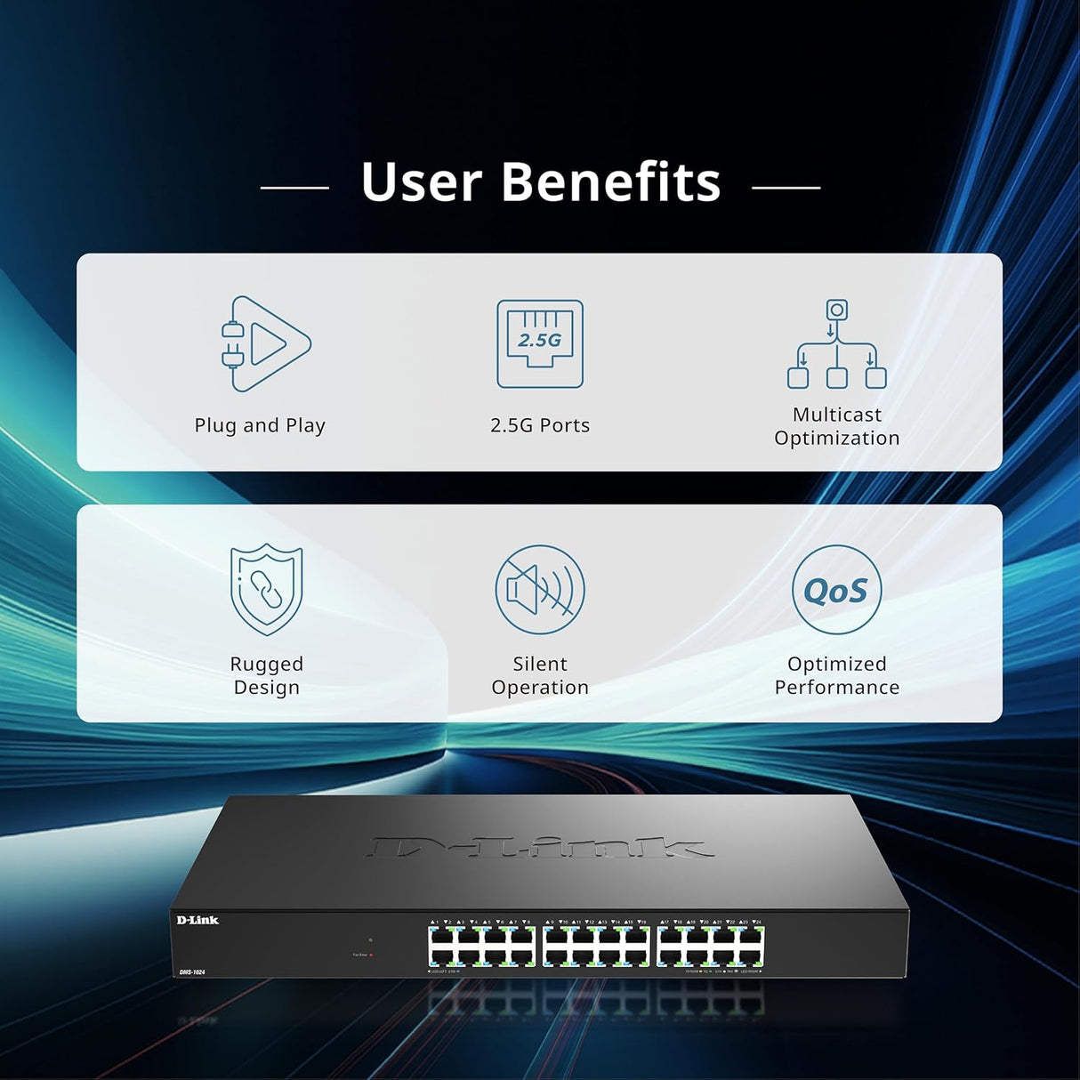 D-Link DMS-1024 Switch No Gestionado de 24 Puertos Multi-Gigabit – Ethernet 2.5G, Plug & Play, QoS, IGMP Snooping, EEE, Carcasa Metálica, Montaje en Rack
