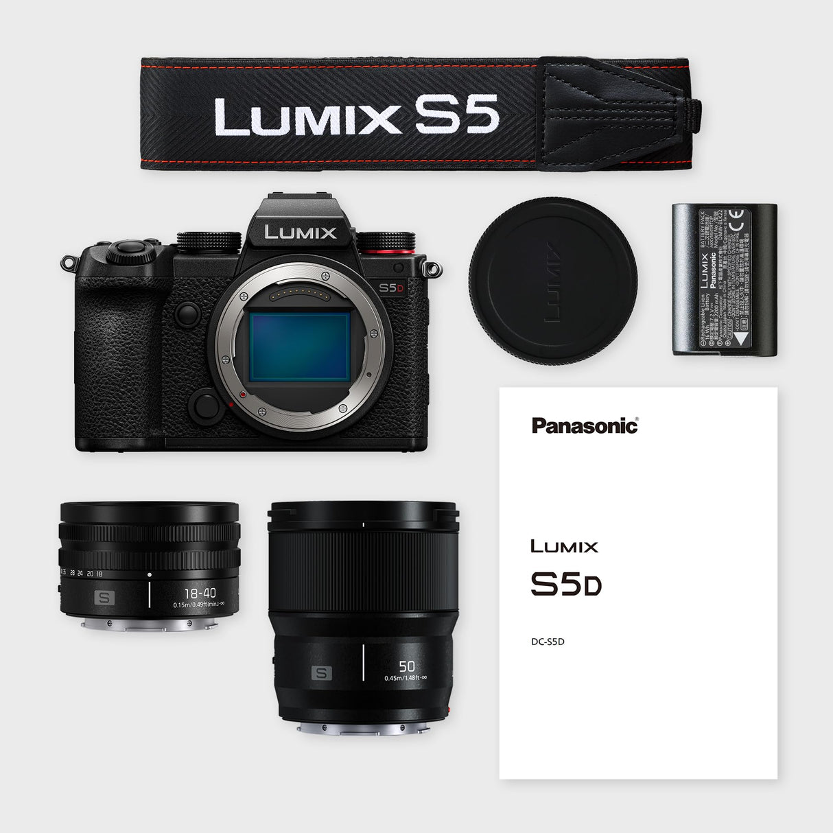Panasonic DC-S5DWE-K Lumix S5D Cuerpo de cámara sin Espejo de fotograma Completo, 24.2MP, 4K 60P de grabación, Live View Finder, Wi-Fi, Bluetooth y Objetivos S-R1840E 18-40mm y S-S5M0E 50mm, Negro