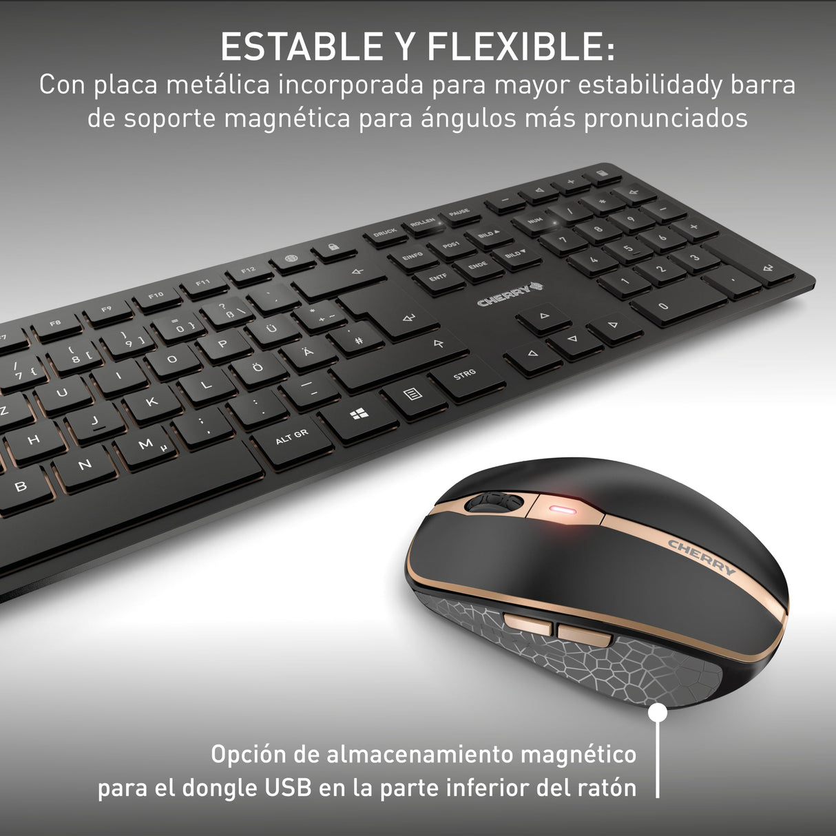CHERRY DW 9100 SLIM, Pack de Teclado y Ratón Inalámbricos, Distribución de Teclado Inglés UK (QWERTY), Bluetooth y Radiofrecuencia de 2,4 GHz, Teclas Silenciosas, Recargable, Negro/Bronce