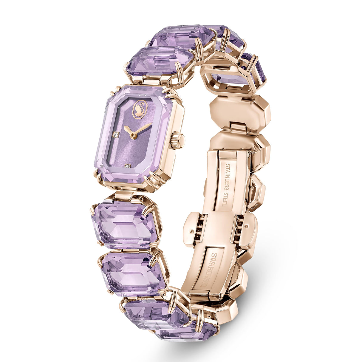 Swarovski Reloj, Pulsera con Corte Octogonal, Violeta, Acabado en Tono Dorado champán