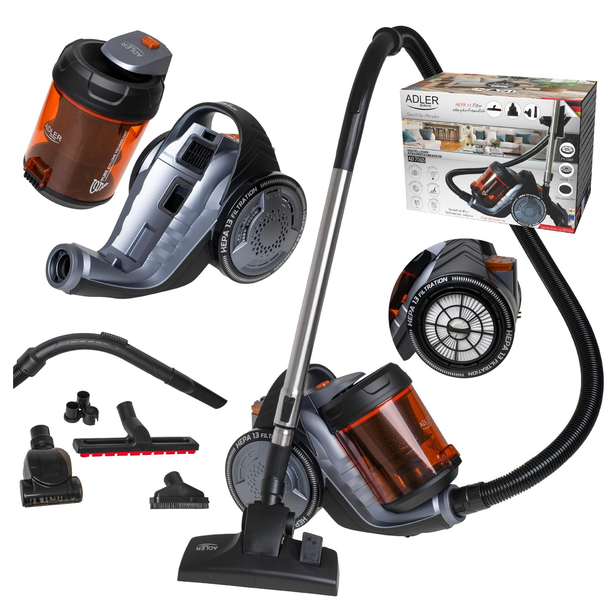 ADLER Aspiradora sin Bolsa Ciclónica AD7065, HEPA 13, Filtración ciclónica, Depósito 1,6L, Flujo de Aire máximo: 27 litros/Segundo, Gris y Naranja, con 5 Accesorios, Potencia Nominal: 700 W