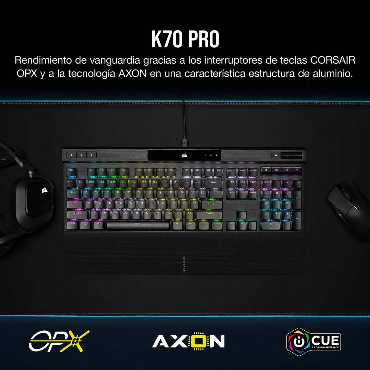 Corsair K70 PRO Teclado para Juegos con Cable Óptico-Mecánico RGB - Interruptores Lineales OPX - Teclados PBT Double-Shot - Compatible con iCUE - QWERTY ES - PC, Xbox - Negro