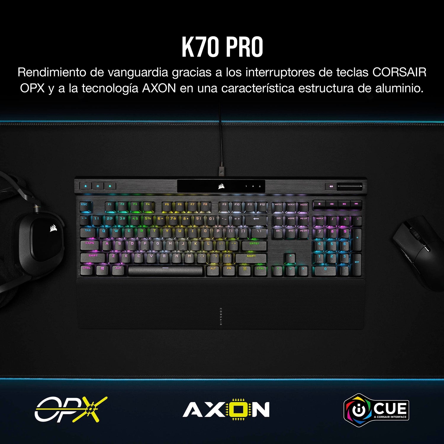 Corsair K70 PRO Teclado para Juegos con Cable Óptico-Mecánico RGB - Interruptores Lineales OPX - Teclados PBT Double-Shot - Compatible con iCUE - QWERTY ES - PC, Xbox - Negro