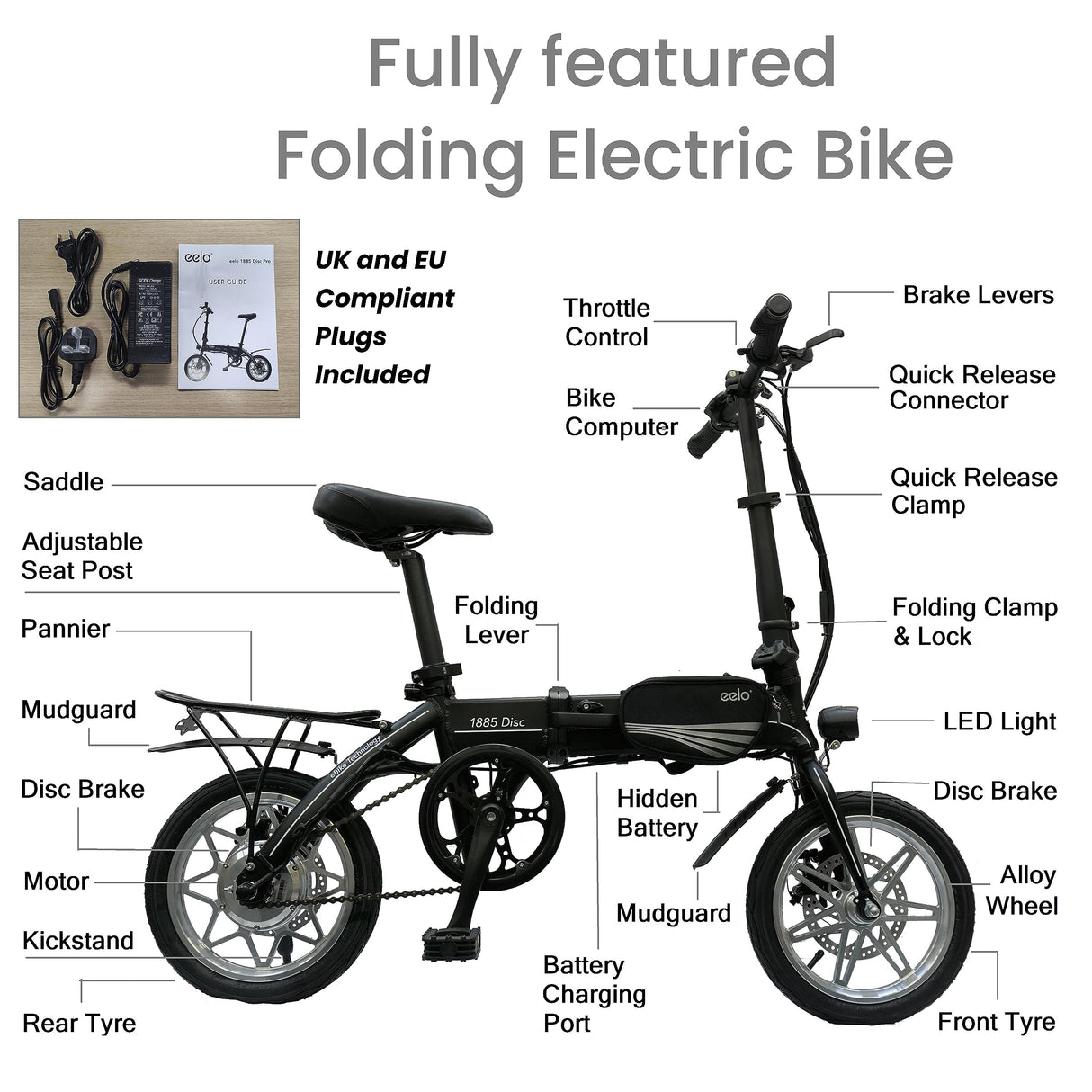 eelo 1885 PRO Bicicleta Eléctrica Plegable de 14" - Bicicleta con Motor Ebike para Adulto Fácil de Guardar - 3 Años de Garantía del Fabricante - Ganadora del Queen's Award - Ensamblada en Reino Unido