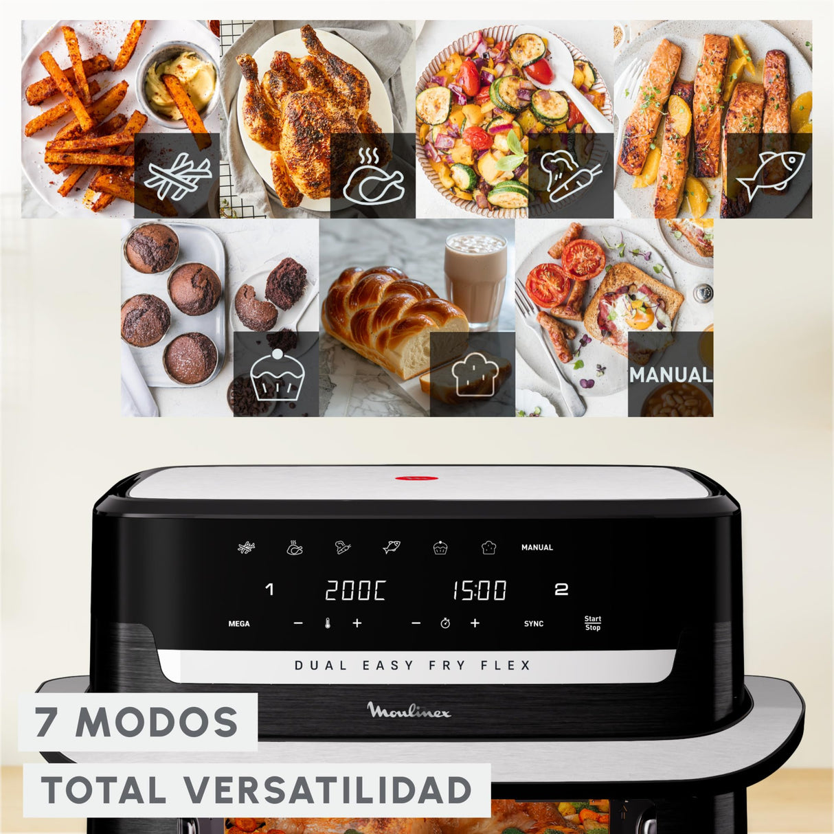 Moulinex Dual Easy Fry Flex, Freidora de aire con separador FlexCook, 9L de Capacidad Para Hasta 8 personas, 7 Programas Preestablecidos, Negro, EZ9228F0