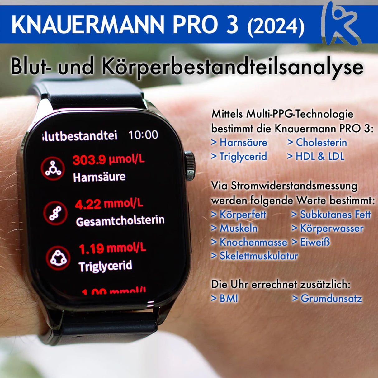 Knauermann Pro 3 (2024) Negro – Reloj Sanitario Smartwatch con función telefónica – Sensores OSRAM – Función ECG + HRV – BT Bluetooth – apnea del sueño – presión Arterial – Correa de auténtica,