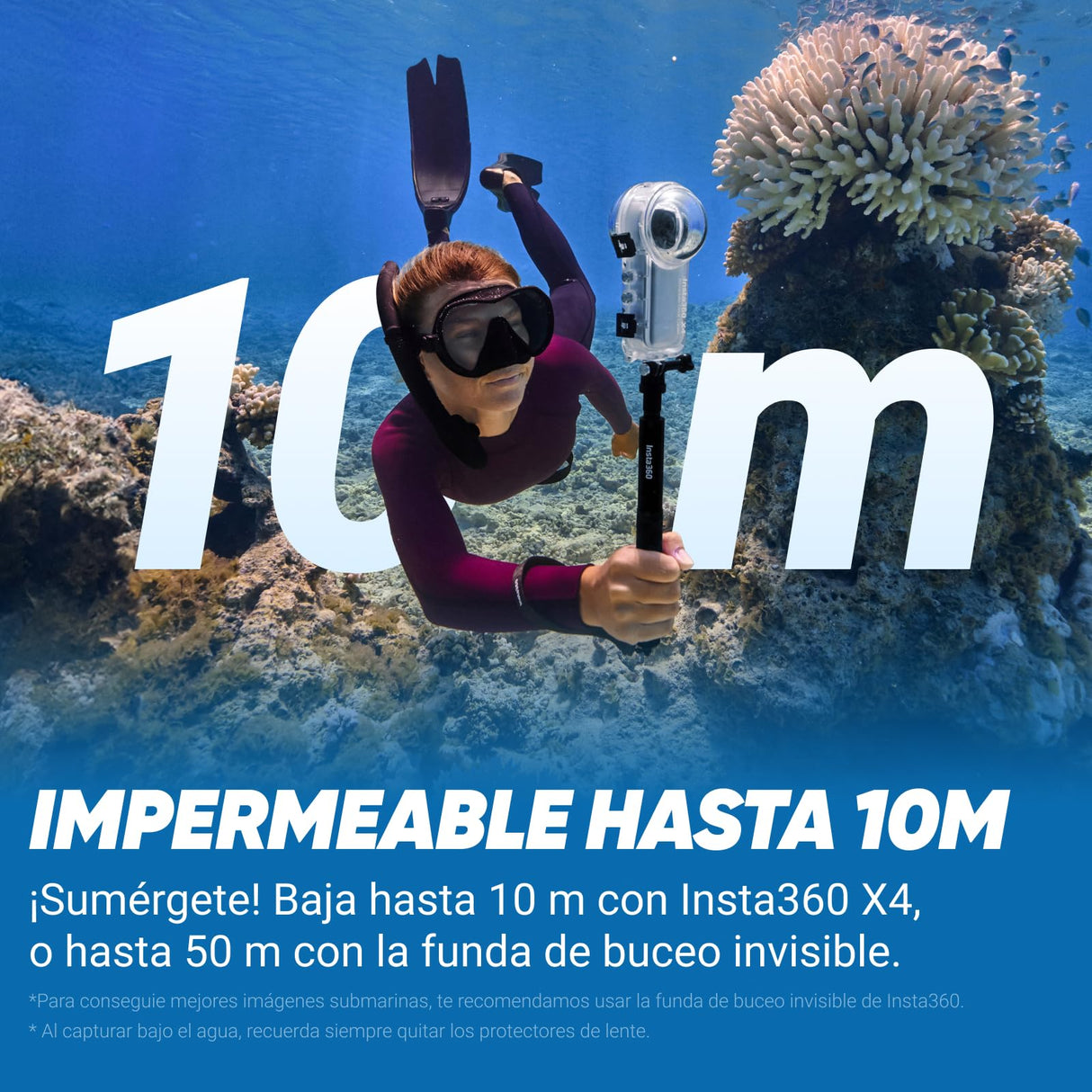Insta360 X4 Paquete Invisible de Buceo - Cámara de acción Impermeable 8K 360, Vídeo 4K Gran Angular, Selfie Stick Invisible, Protectores de Lente Extraíbles, 135 Min Batería, Edición IA
