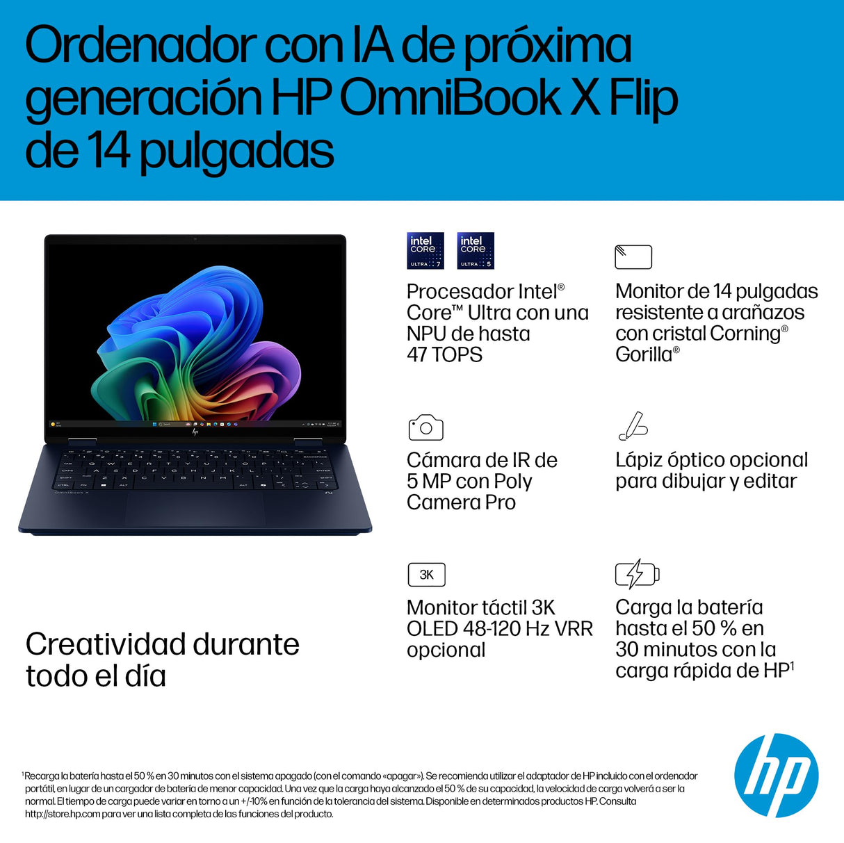 HP Omnibook X Flip - Ordenador portátil Convertible de 14" OLED 3K táctil (Intel Ultra 7-258V EVO, 32GB RAM, 1TB SSD, Intel ARC Graphics, Windows 11, WiFi 7) Silver- Teclado QWERTY Español