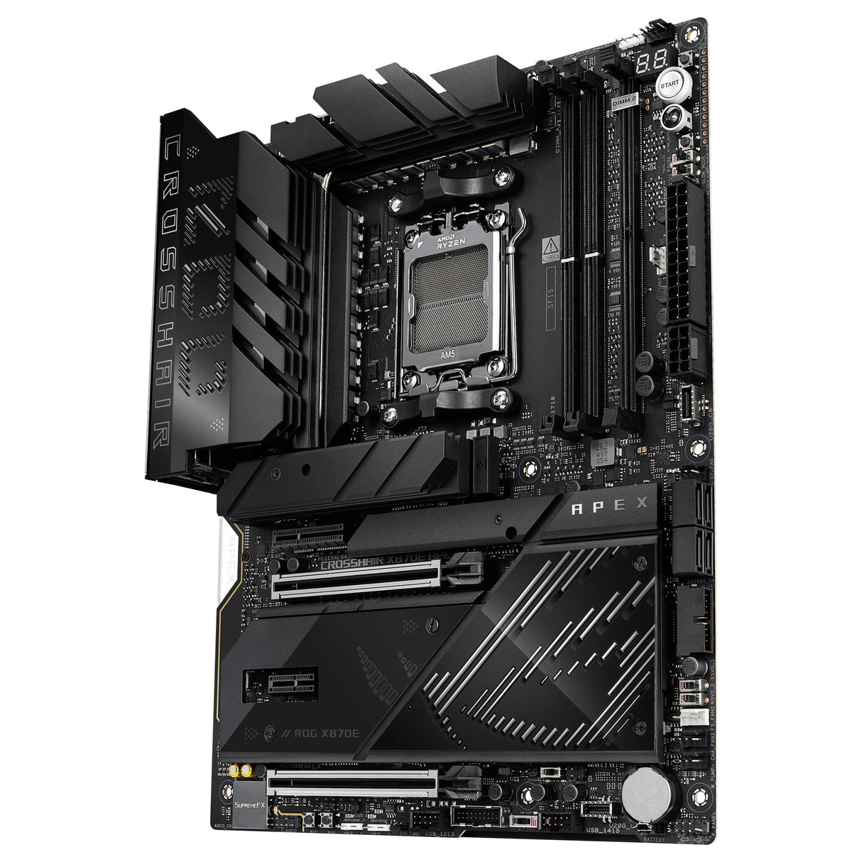ASUS ROG Crosshair X870E Apex - Placa Base AMD ATX, 18+2+2 etapas de Potencia, Ranuras DDR5, PCIe 5.0 Compatible con GPU de próxima generación, Cinco Ranuras M.2, Wi-Fi 7, USB4, overclocking con IA