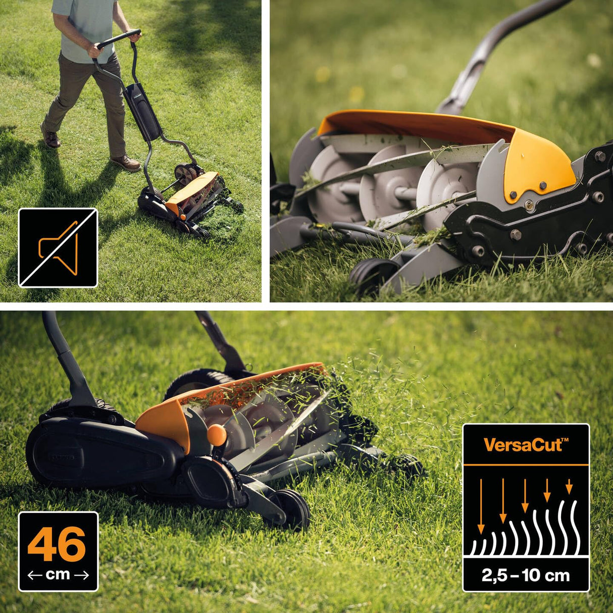 Fiskars Cortacésped StaySharp Max, Cortacésped con sistema de corte sin contacto, Ancho de corte: 46 cm, Negro/Naranja/Plata, 1000591
