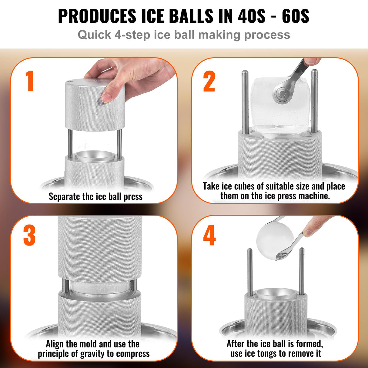 VEVOR Kit de Prensa de Bolas de Hielo Prensa de Hielo de Aleación de Aviación con Molde para Bloques de Hielo Fabricador de Bolas de Hielo Redondas de 60 mm, para Whisky, Cócteles en Fiestas