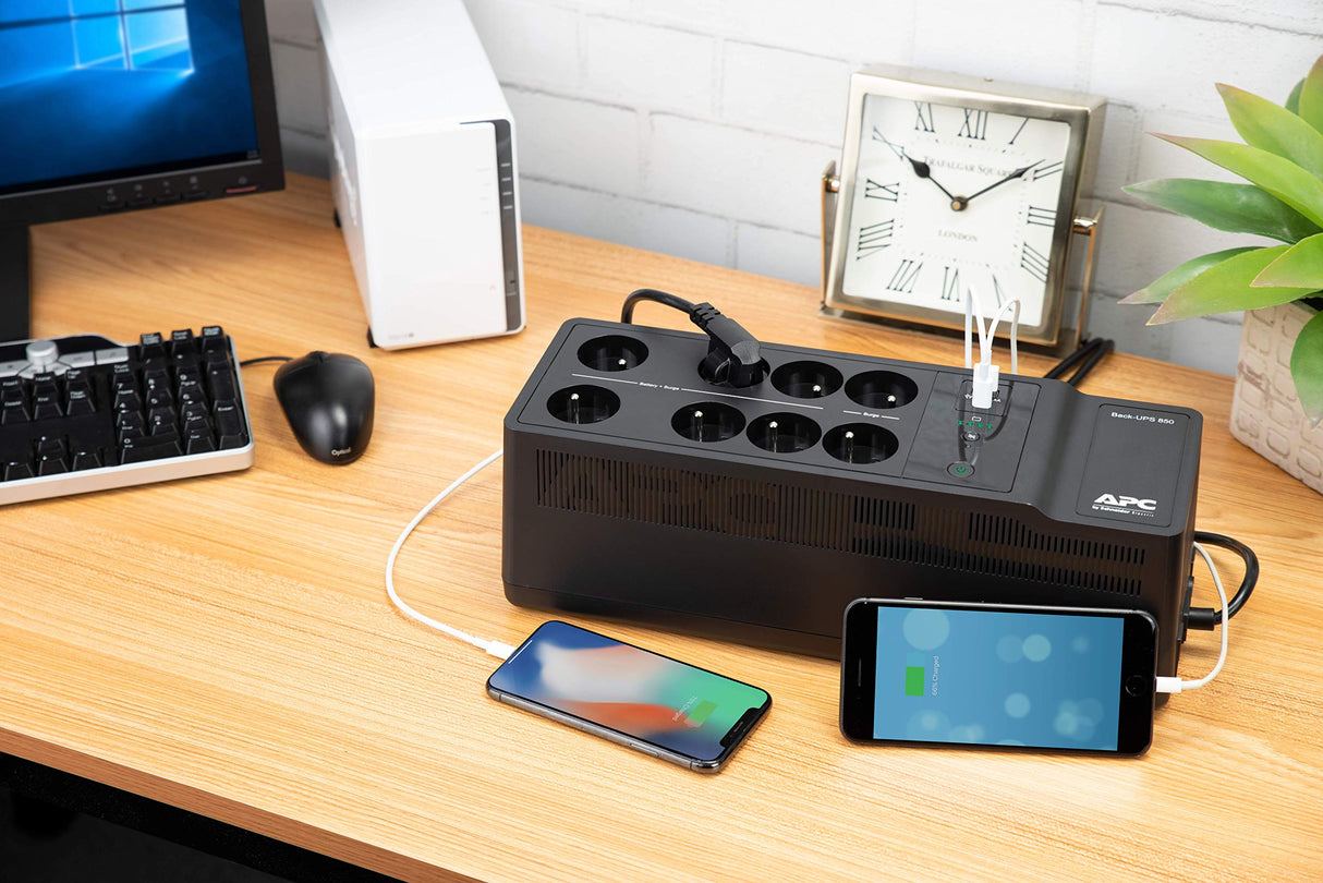 APC Back-UPS Essential BE850G2-FR - Inversor de pararrayos con batería de Respaldo de 850VA (8 enchufes, Protector contra sobretensiones, 2 Puertos de Carga USB rápidos Tipo A y Tipo-C)